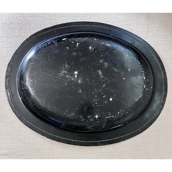 Vintage Large Floral Hand Painted Oval Tole Tray Black Tin Cottage Country Metal - Picture 7 of 7